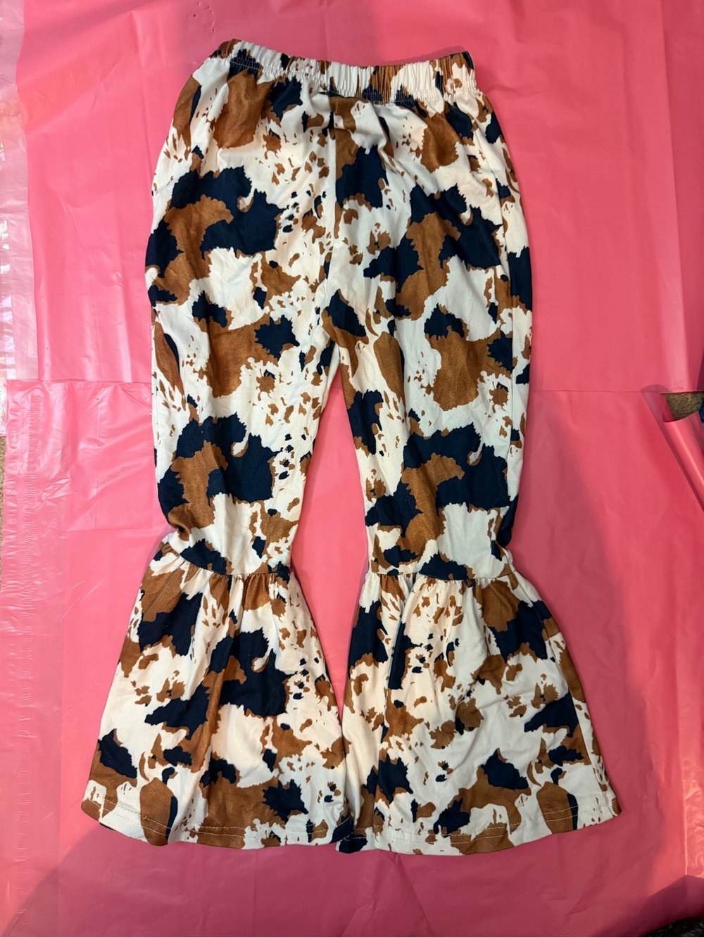 Girls Cowprint Ruffle Hem Bell Bottoms in Brown, Navy & Cream, w/ Matching Scarf